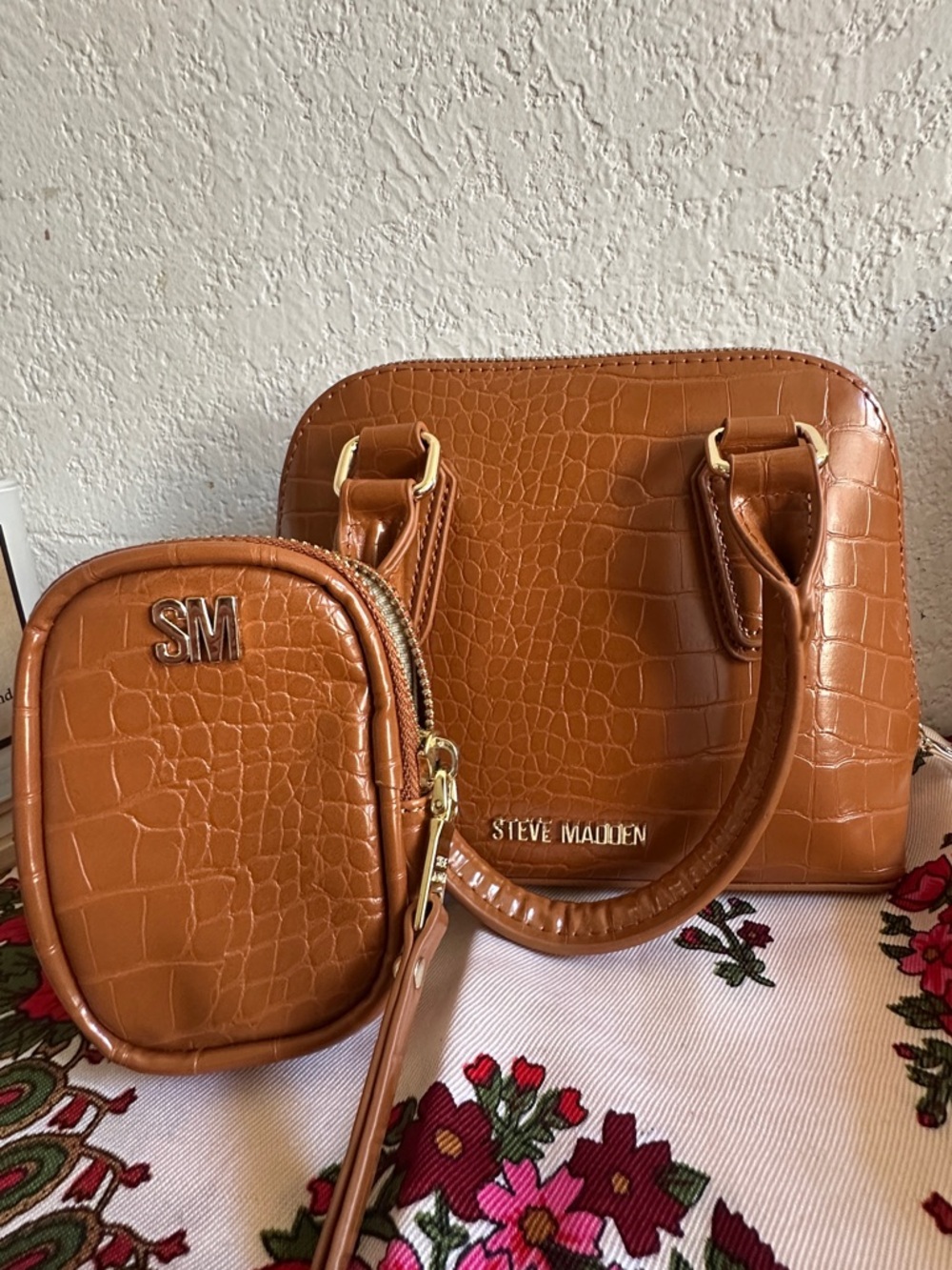 Steve Madden Bhopec Cognac Croc-Embossed Satchel with Coin Pouch